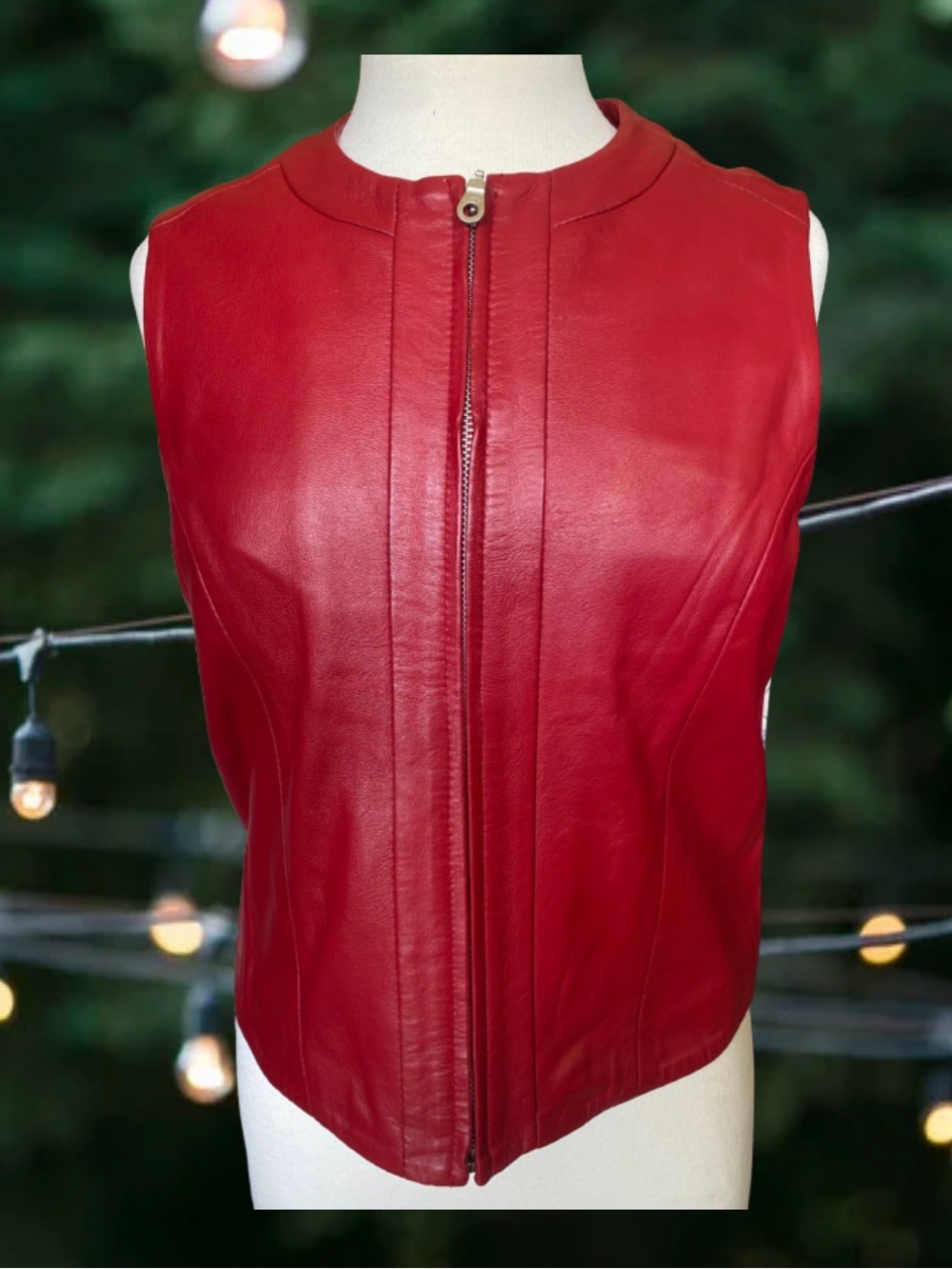 Sagauro West Lipstick Red Leather Zip Up Biker Vest Womens Size Medium